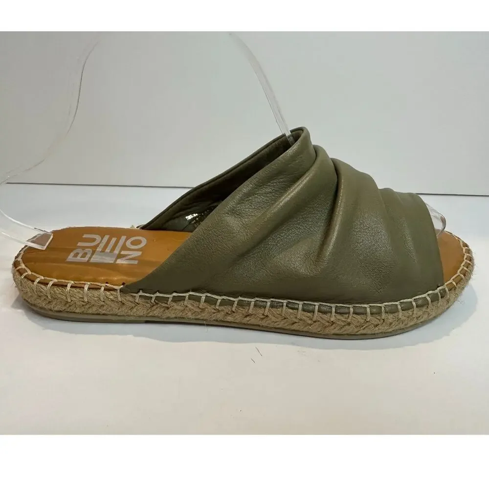 Bueno Nice Leather Espadrille Slide Sandals Size 40 Green Ruched Comfort Shoes